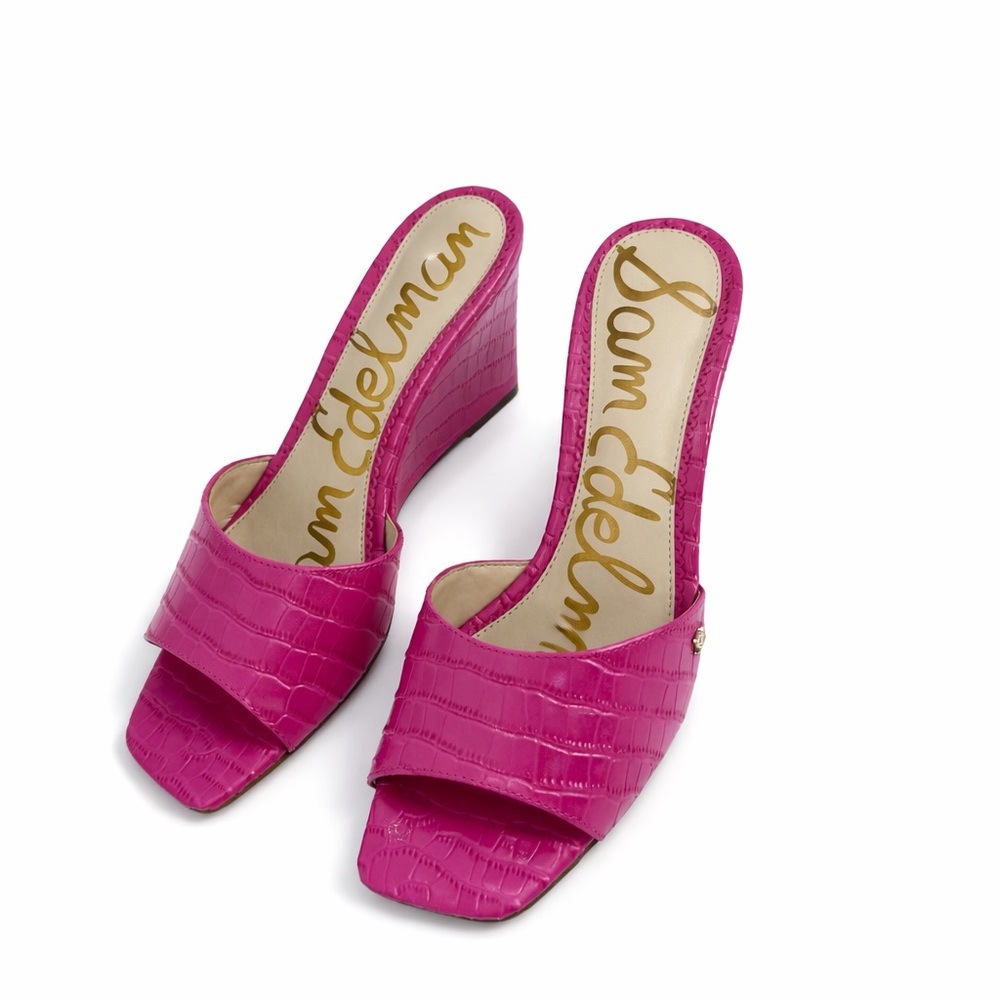 Sam Edelman Tesma Croc-Embossed Wedge Mules Hot -Pink Chic Statement Heels SZ-8 - Picture 4 of 17